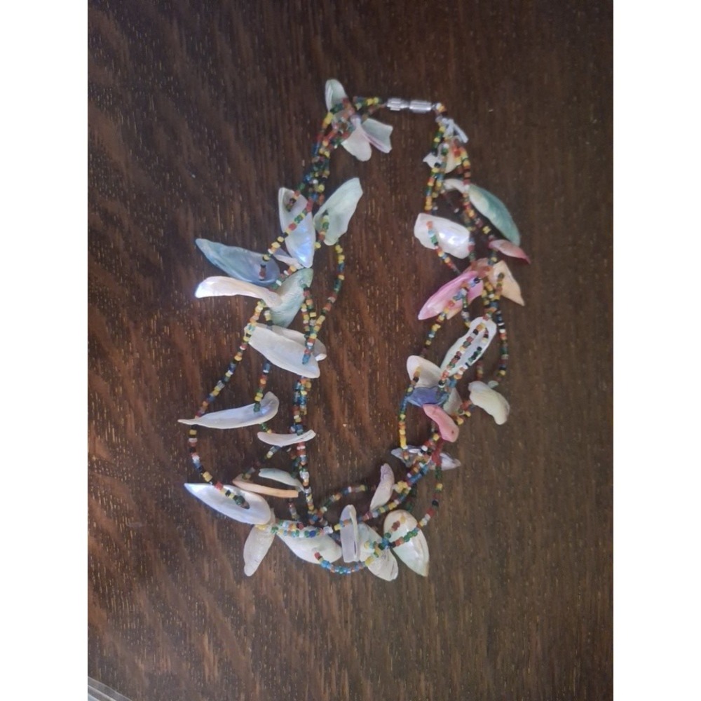 Vintage Shell & Seed Bead Multi Strand Necklace Barrel Clasp Boho Beach